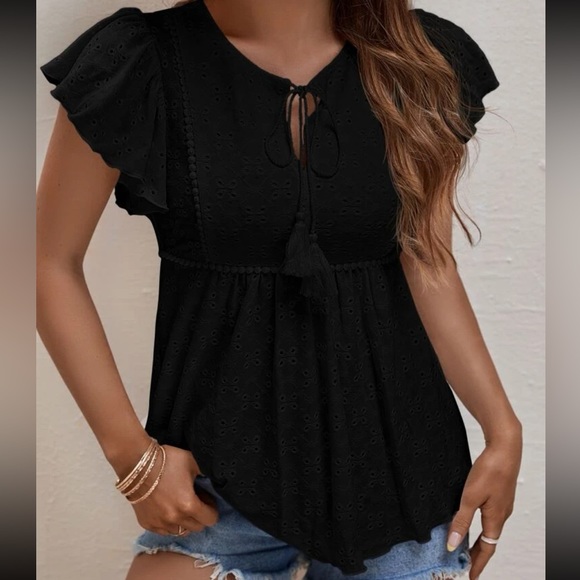 Elegant Peplum Tie Flutter Sleeve Eyelet Embroidered Top Blouse Shirt - Picture 3 of 13